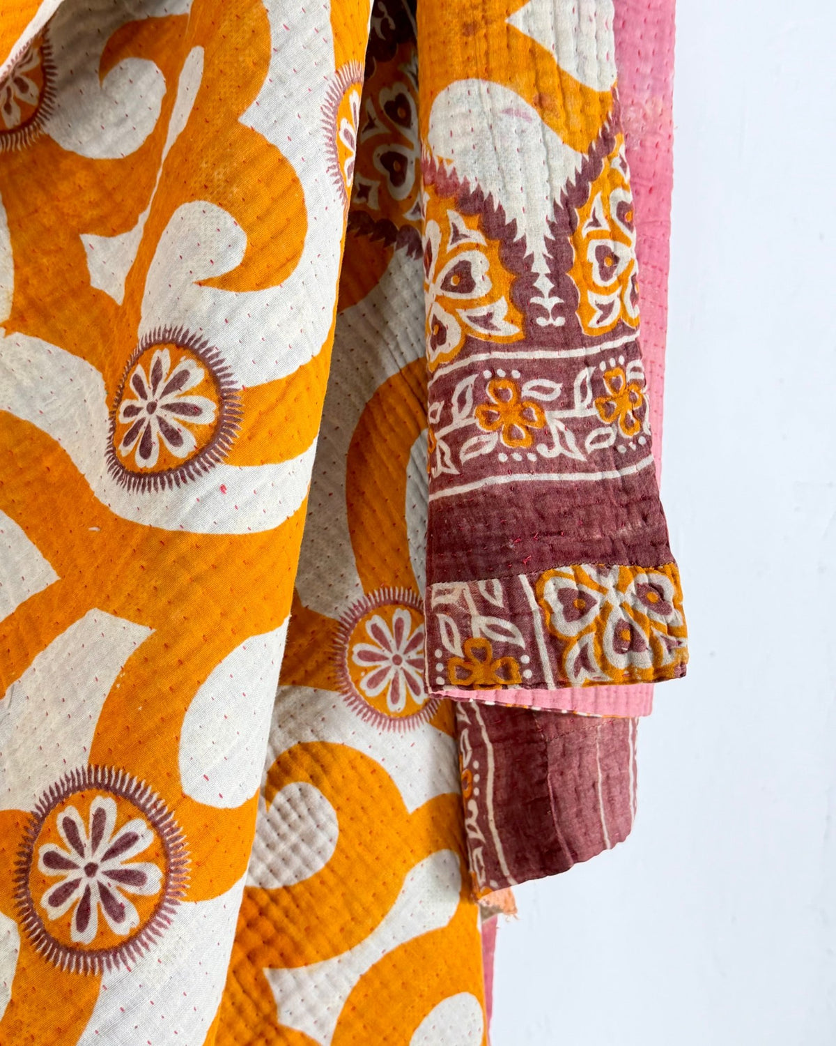 Fine Stitched Vintage Kantha Quilt with Geometric Orange Patterns - Biggs & Hill