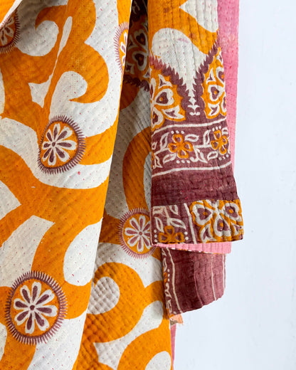 Fine Stitched Vintage Kantha Quilt with Geometric Orange Patterns - Biggs & Hill