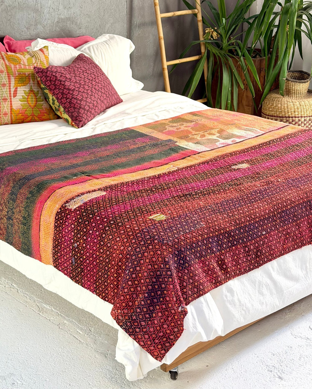 Embroidered Vintage Kantha Quilt in Pink and White - Biggs & Hill
