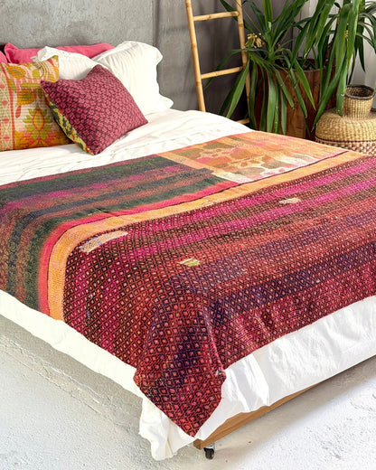 Embroidered Vintage Kantha Quilt in Pink and White - Biggs & Hill
