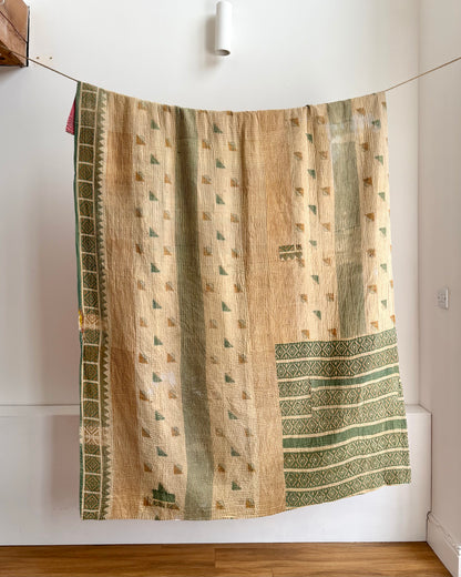 Fine Stitched Vintage Kantha Quilt in Super Soft Pink and Olive Green