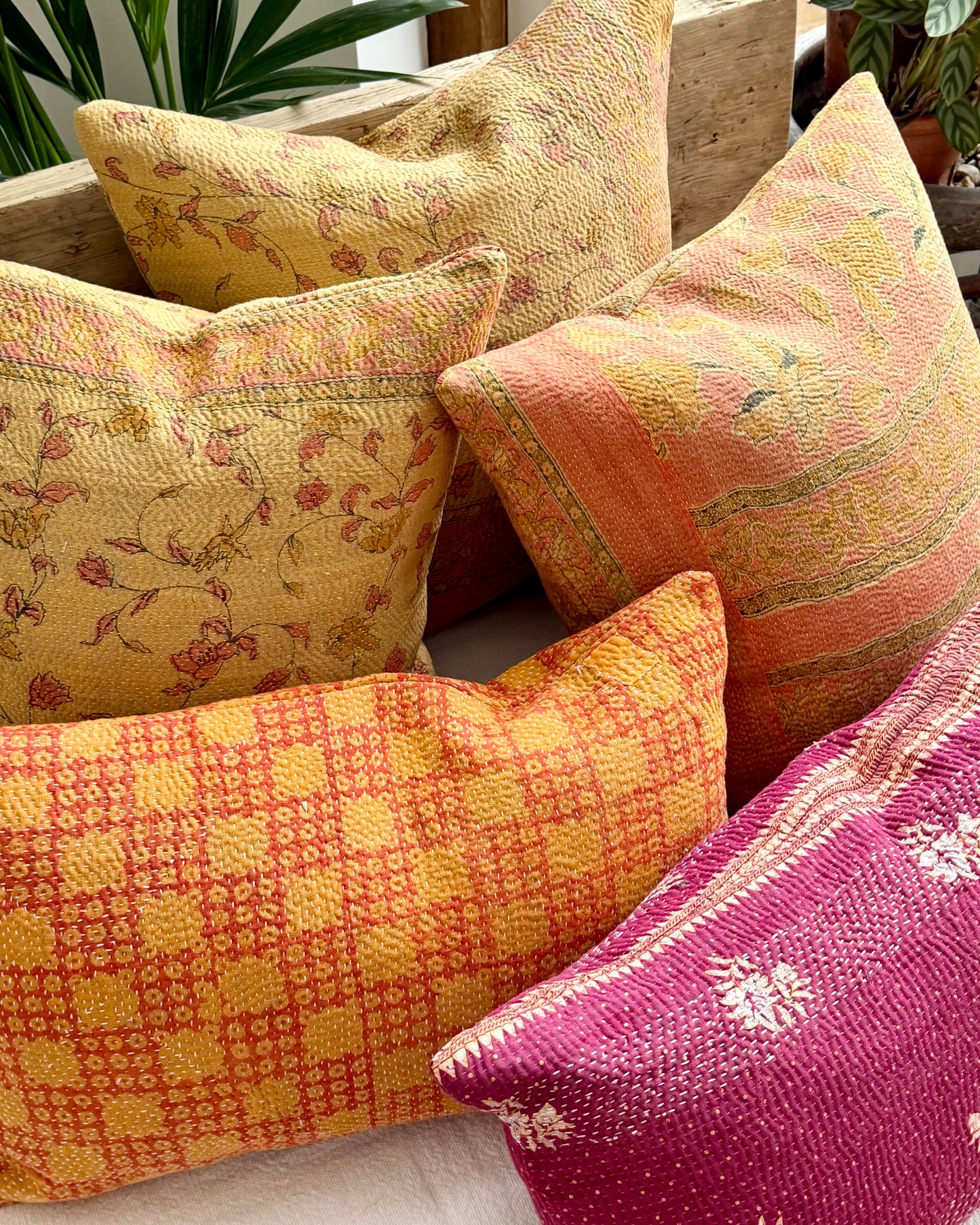 Vintage Kantha Cushion With Yellow Flowers - 45cm Square