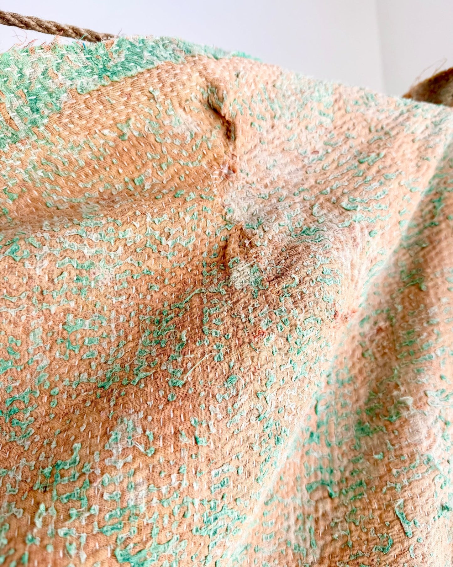 Project Kantha Quilt: Pink, Yellow and Green With Authentic Aged Texture - Biggs & Hill