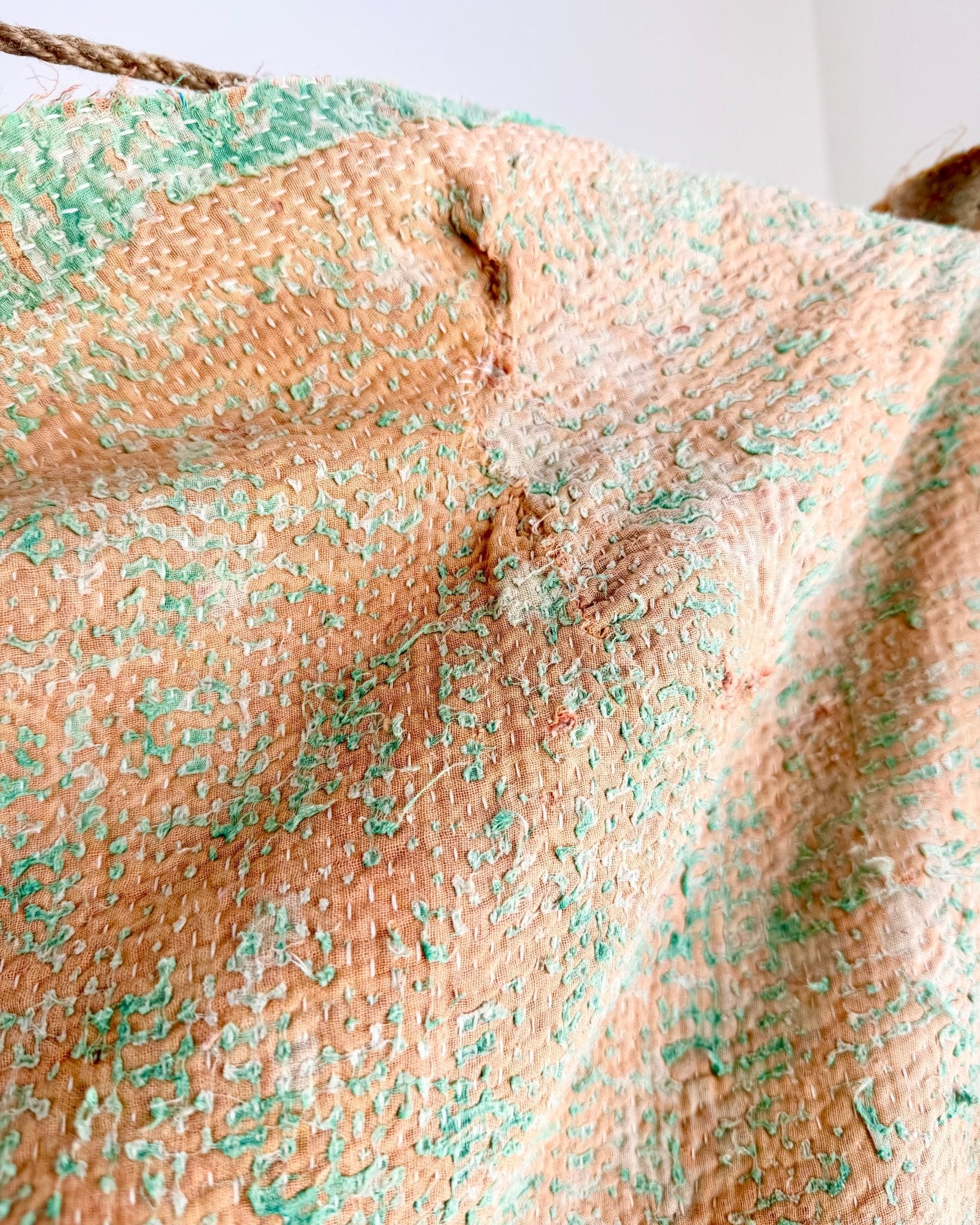 Project Kantha Quilt: Pink, Yellow and Green With Authentic Aged Texture - Biggs & Hill