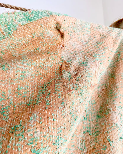 Project Kantha Quilt: Pink, Yellow and Green With Authentic Aged Texture - Biggs & Hill