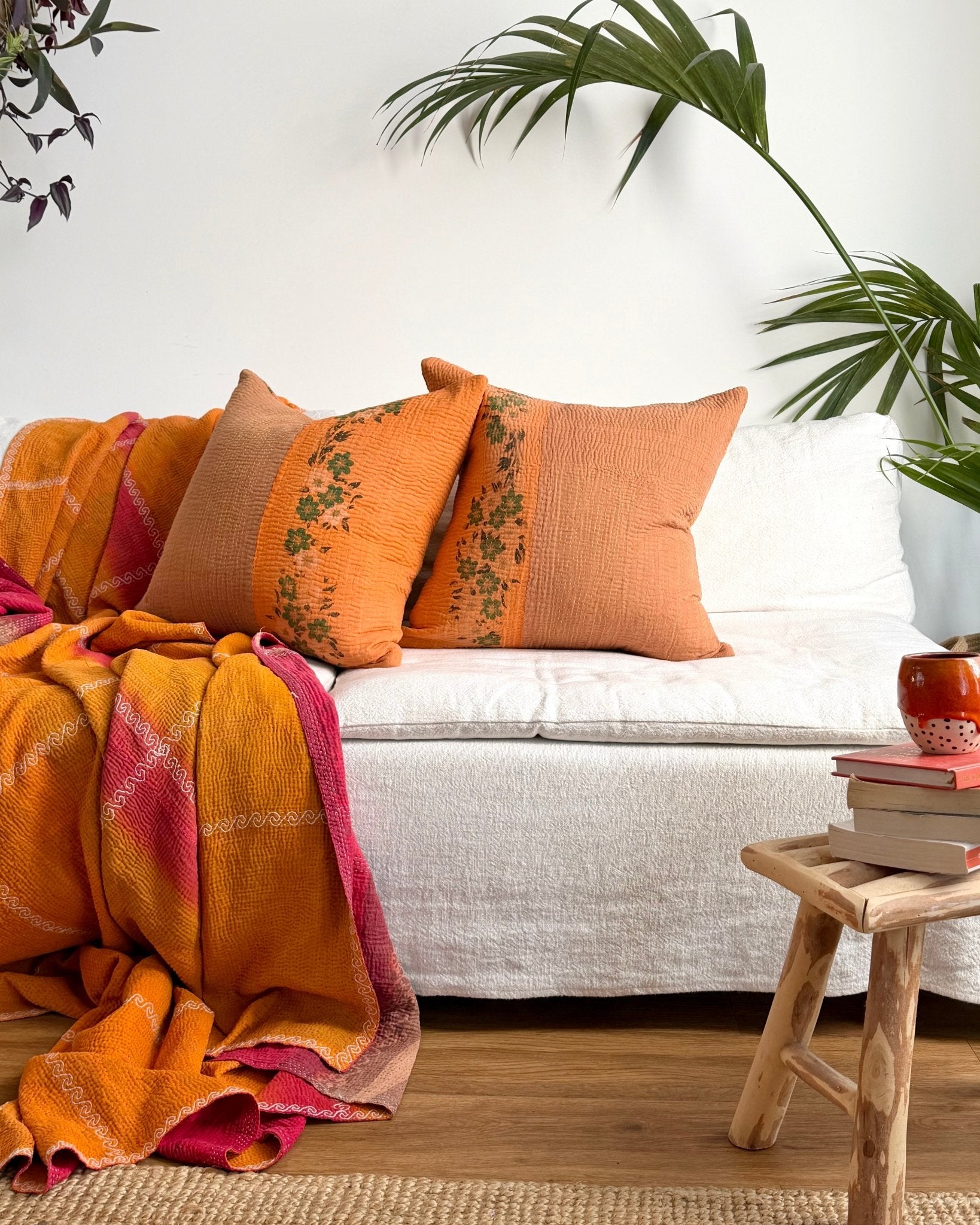 Vintage Kantha Cushion In Orange and Brown Floral 03 - 50cm Square - Biggs & Hill