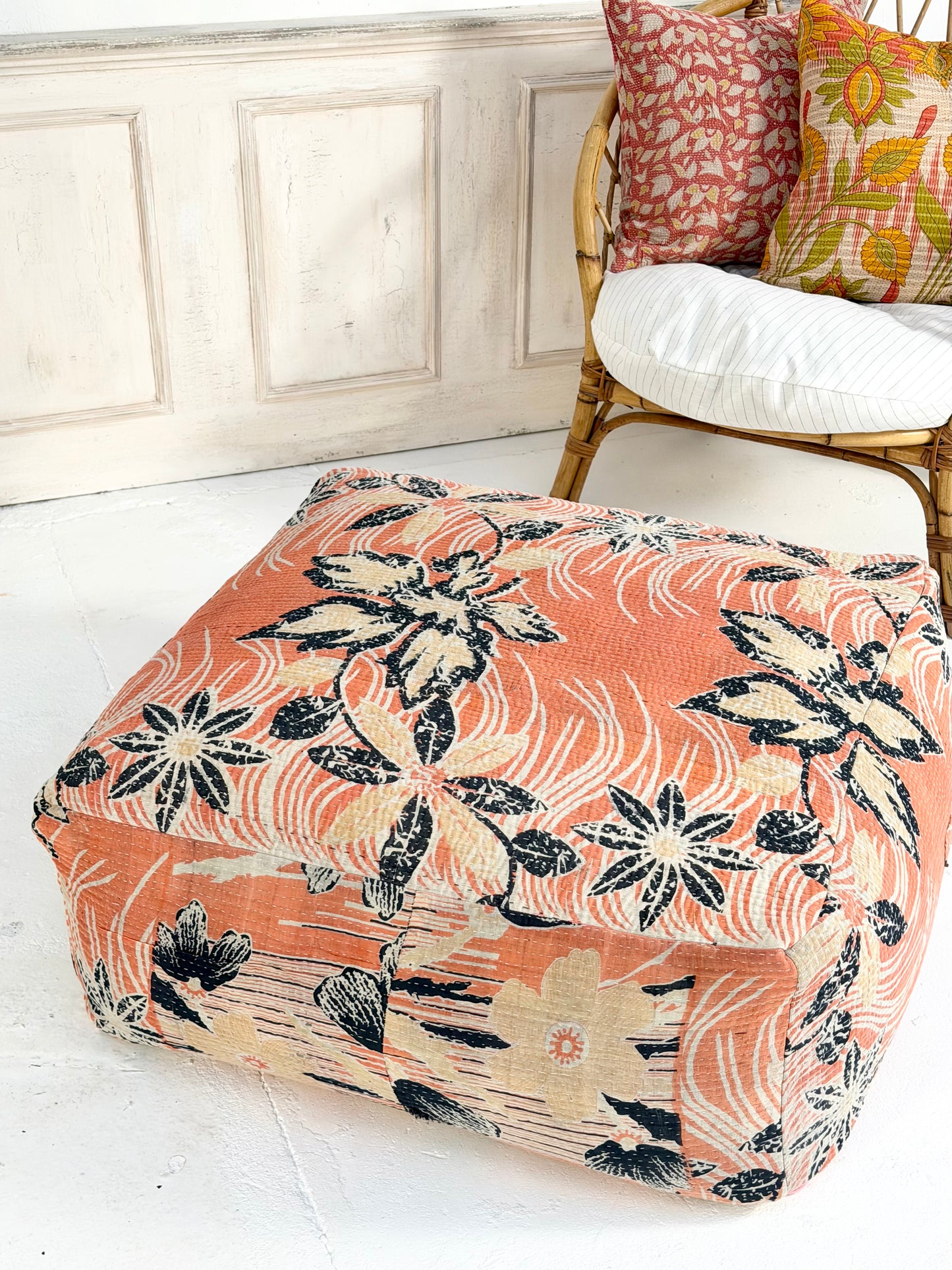 Extra Large Square Pouf Cushion Cover In Pink and Black Floral