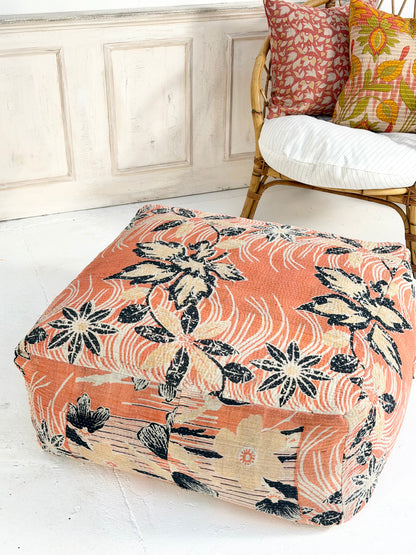 Extra Large Square Pouf Cushion Cover In Pink and Black Floral