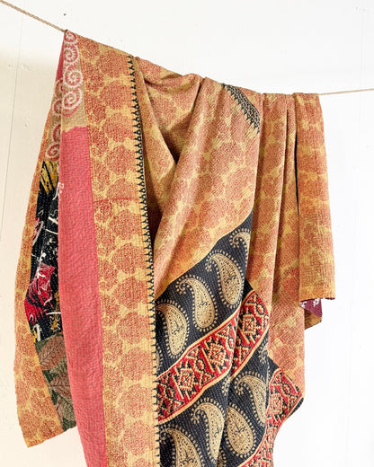 Large Fine Stitched Vintage Kantha Quilt in Pinks, Burgundy and Yelllows - Biggs & Hill