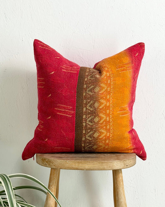 Handmade Vintage Kantha Cushion Cover In Red - 45cm (18") Square - Biggs & Hill