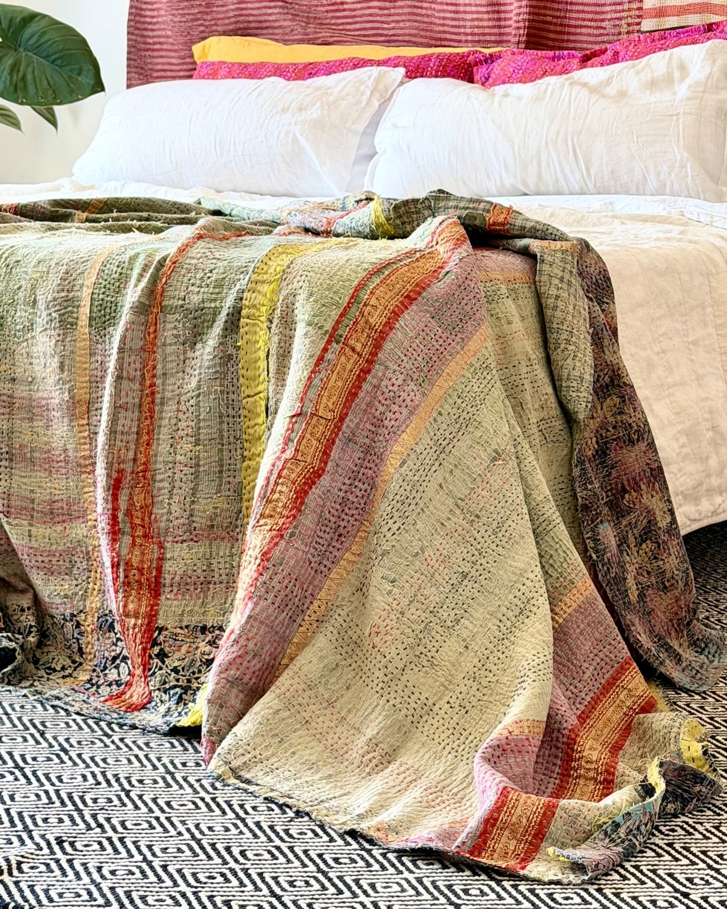 Textured Vintage Kantha Quilt In Green and Gold - Biggs & Hill