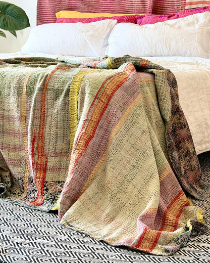 Textured Vintage Kantha Quilt In Green and Gold - Biggs & Hill
