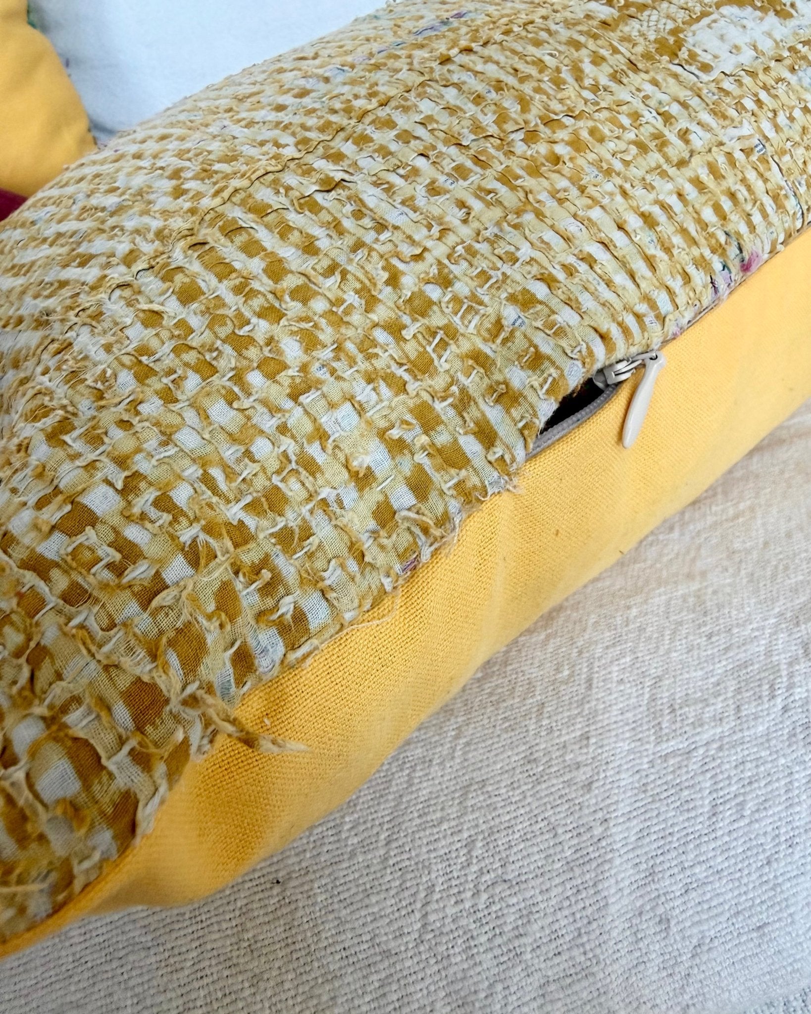Vintage Kantha Bolster Cushion In Yellow 03 - Biggs & Hill