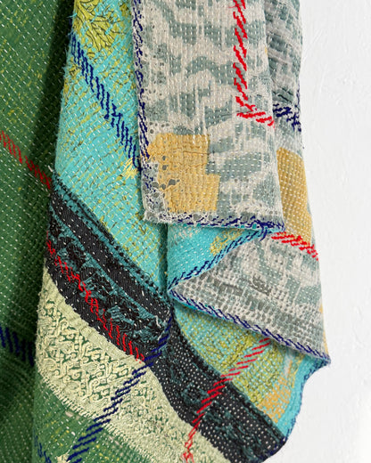 Extra Large Fine Stitched Embroidered Vintage Kantha Quilt in Green, Blue and Terracotta
