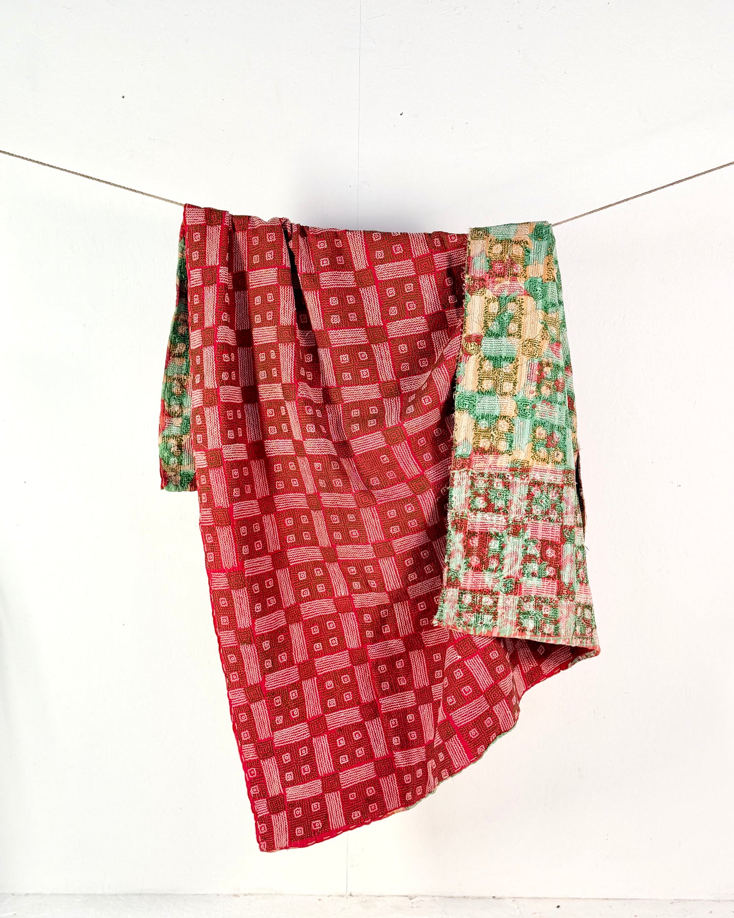 Heavy Vintage Galicha Kantha Quilt In Pink and Green