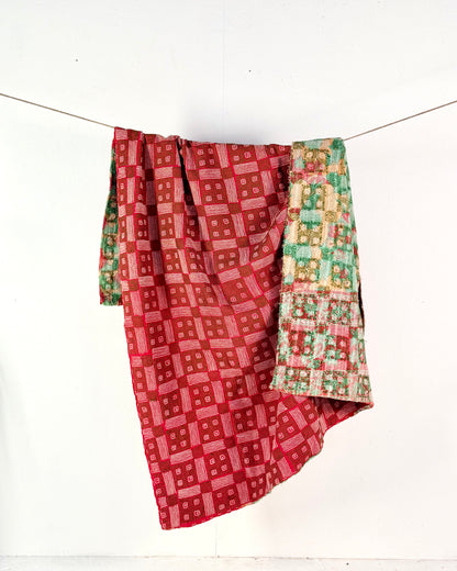 Heavy Vintage Galicha Kantha Quilt In Pink and Green
