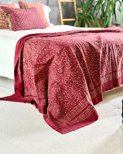 Ajrakh Printed Vintage Kantha Quilt in Deep Red - Biggs & Hill
