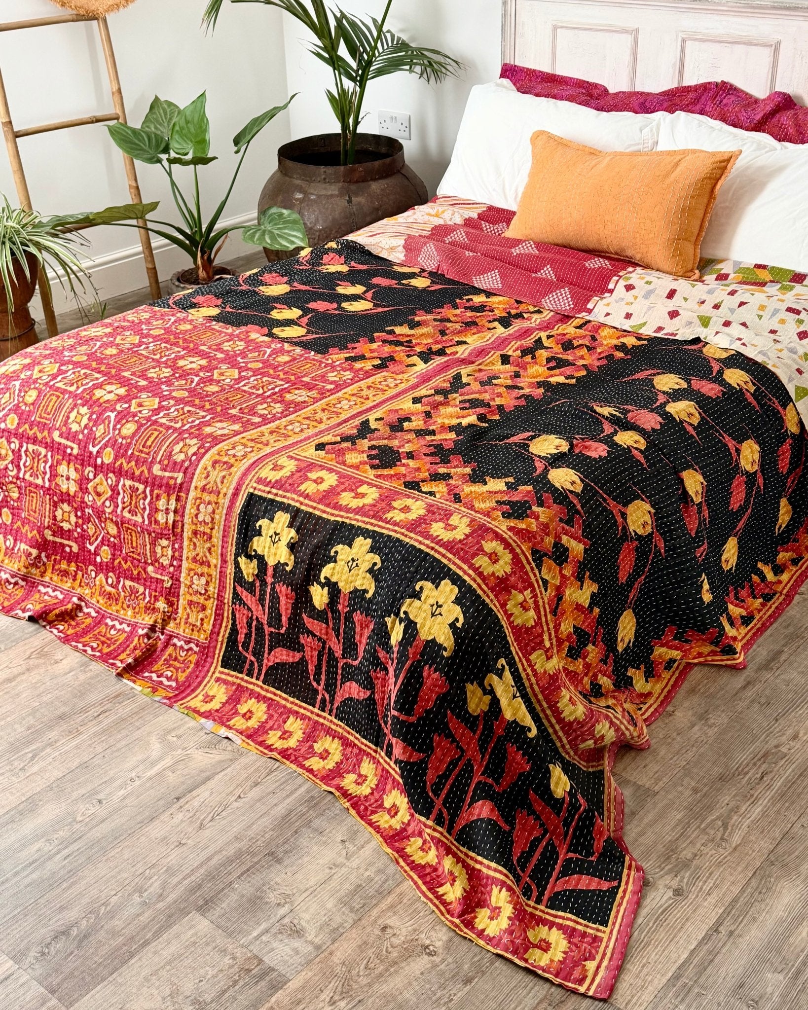 Super King Vintage Kantha Quilt in Orange, Black and Yellow - Biggs & Hill