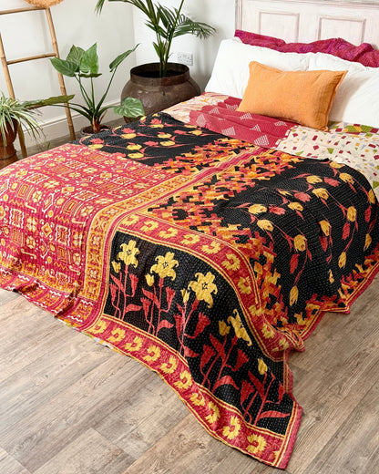 Super King Vintage Kantha Quilt in Orange, Black and Yellow - Biggs & Hill