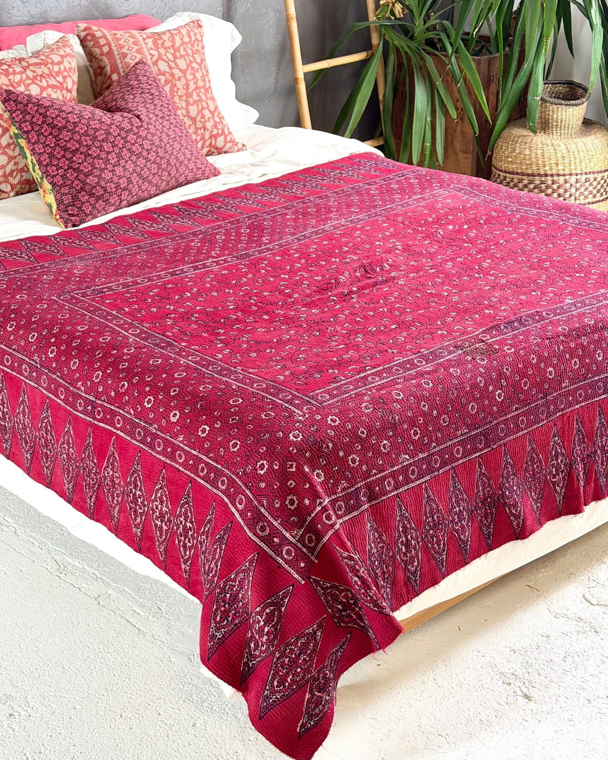 Ajrakh Printed Vintage Kantha Quilt in Deep Red - Biggs & Hill