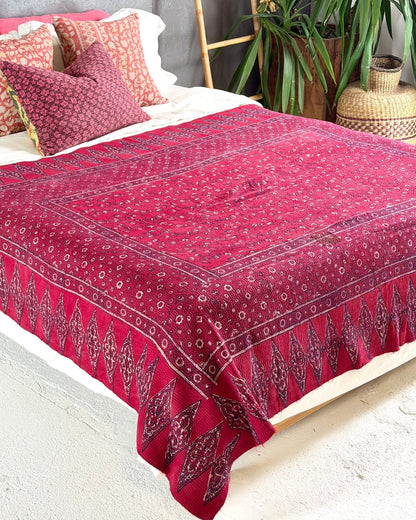 Ajrakh Printed Vintage Kantha Quilt in Deep Red - Biggs & Hill