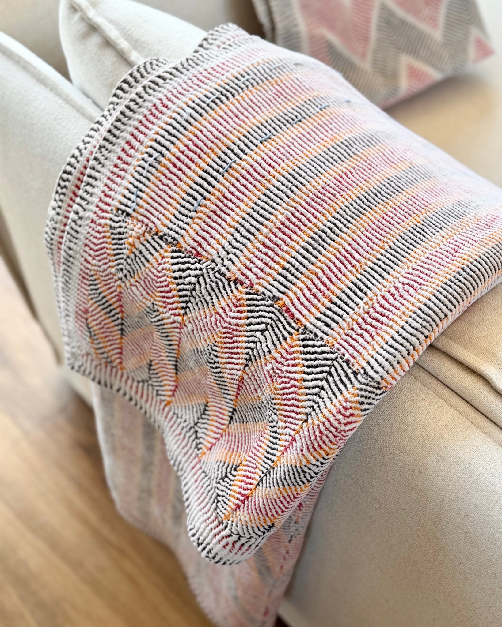 Small Heavy Vintage Lohori Kantha Quilt in Pink and Yellow Stripes - Biggs & Hill