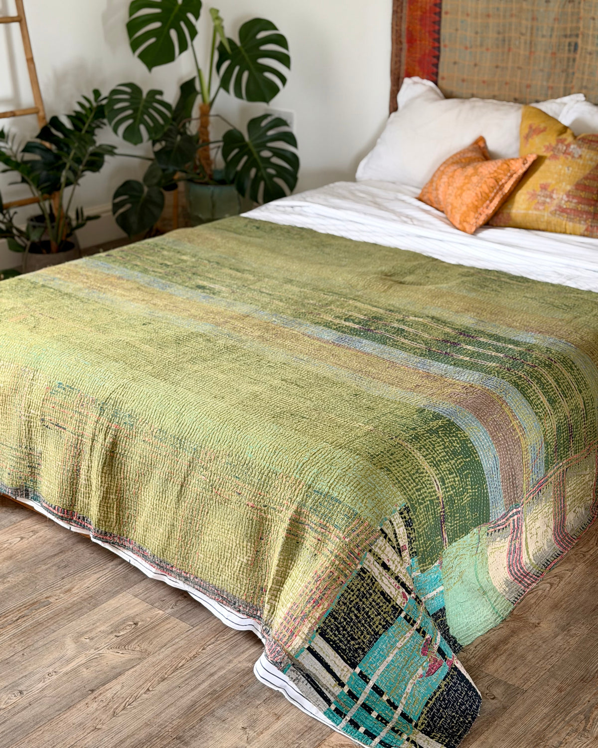 Large Textured Vintage Kantha Quilt In Green and Orange