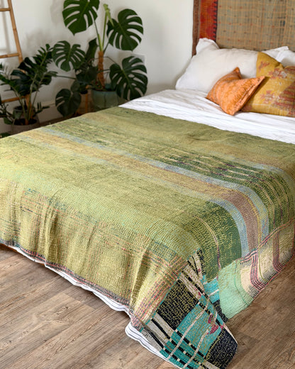 Large Textured Vintage Kantha Quilt In Green and Orange