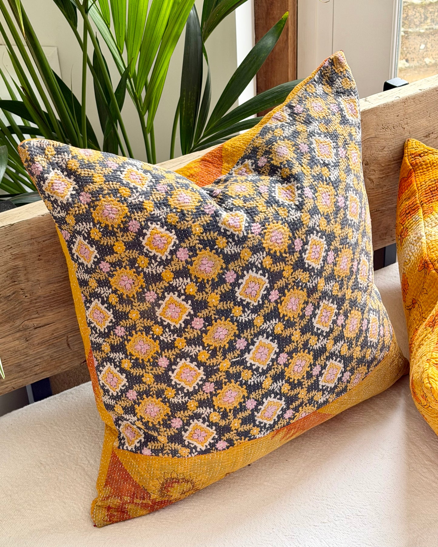 Vintage Kantha Cushion In Yellow and Blue - 45cm Square