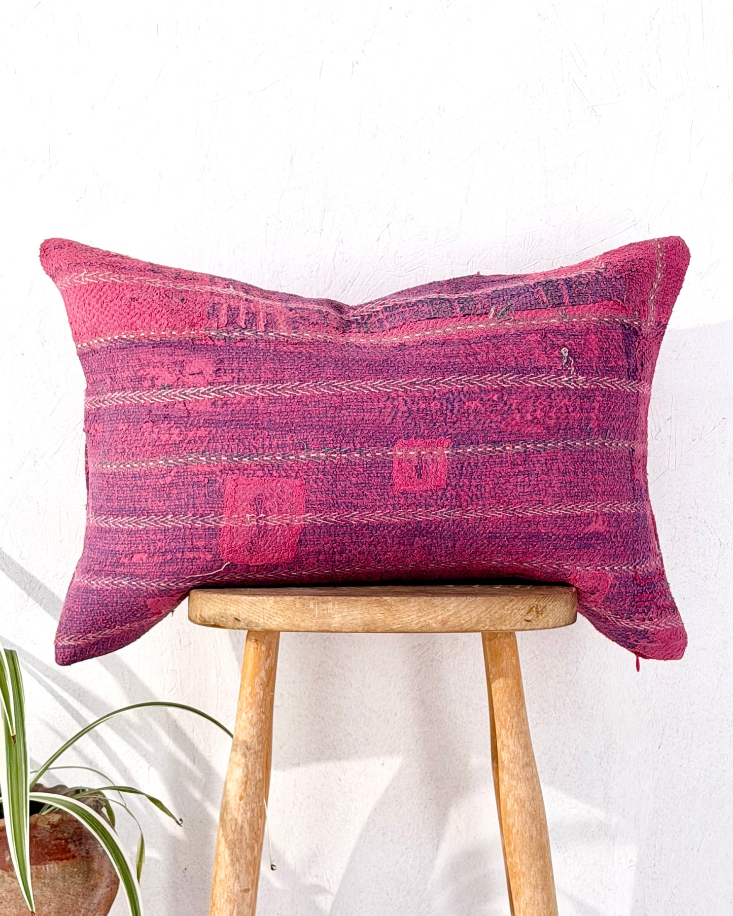 Handmade Vintage Kantha Cushion Cover In Pink With Embroidered Stripes - Large Rectangular