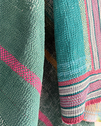 Extra Large Heavy Embroidered Vintage Kantha Quilt in Green and Blue