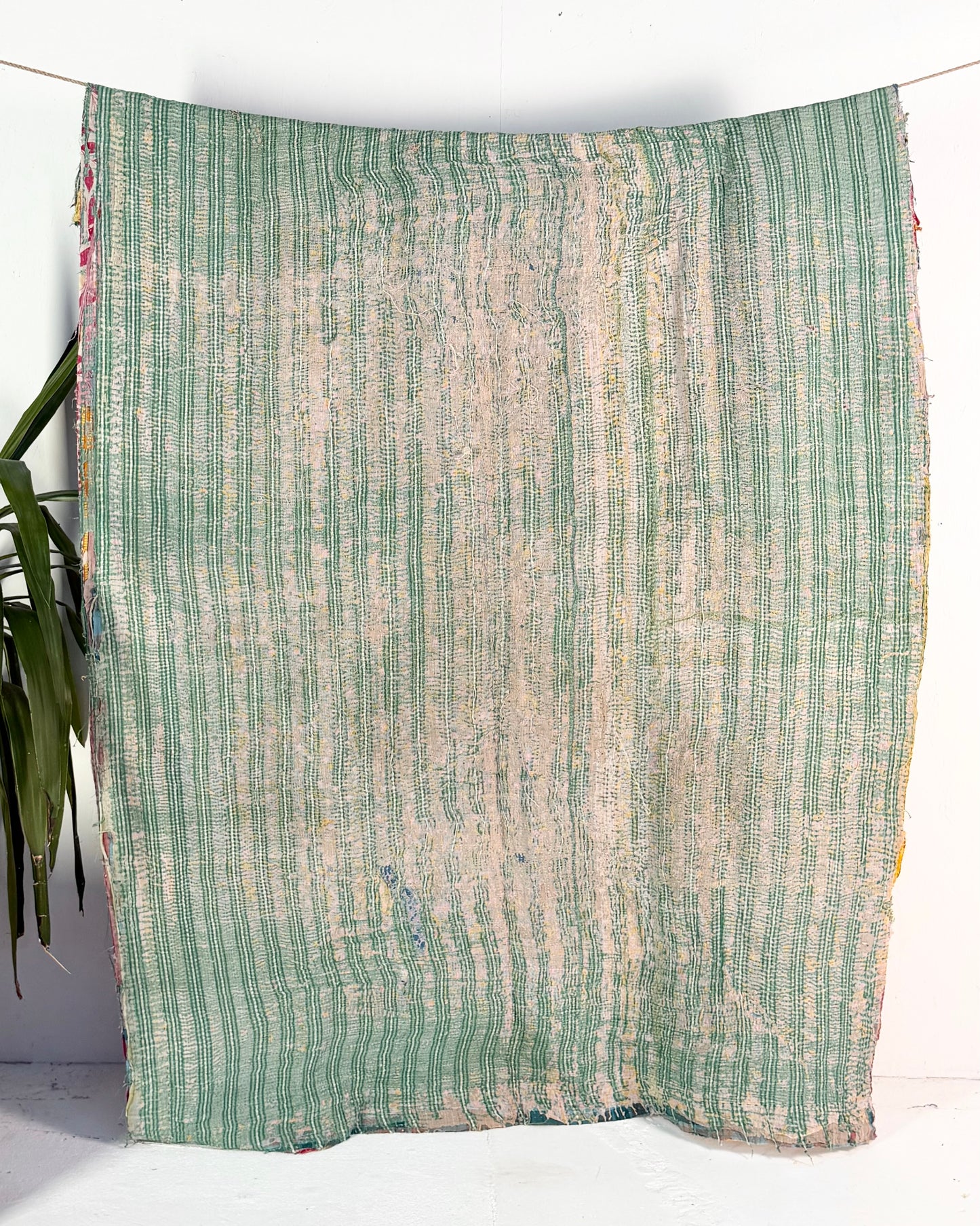 Textured Vintage Kantha Quilt In Pink and Yellow