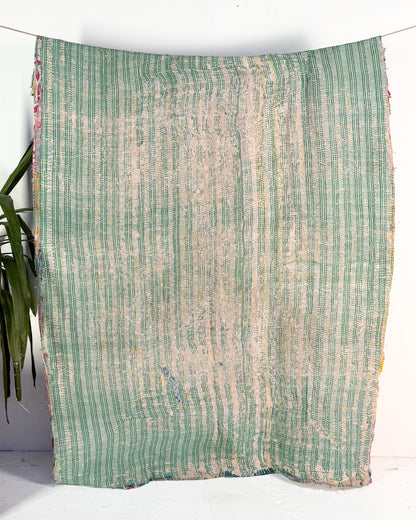Textured Vintage Kantha Quilt In Pink and Yellow
