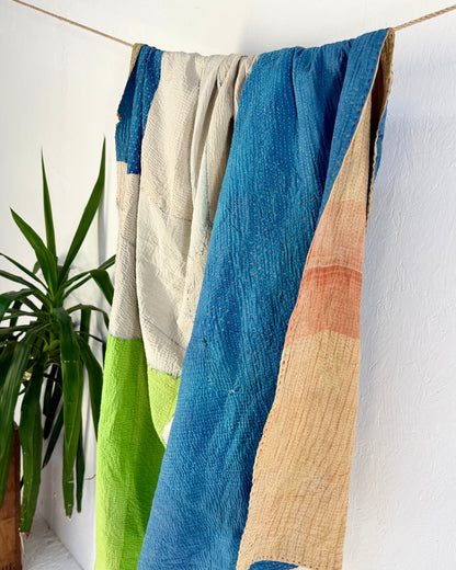 Fine Stitched Vintage Kantha Quilt in Patchwork Blue, White and Green - Biggs & Hill