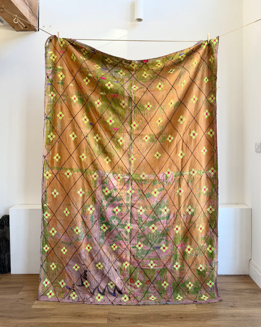 Project Kantha Quilt: Green, Pink and Yellow Flowers With Aged Texture