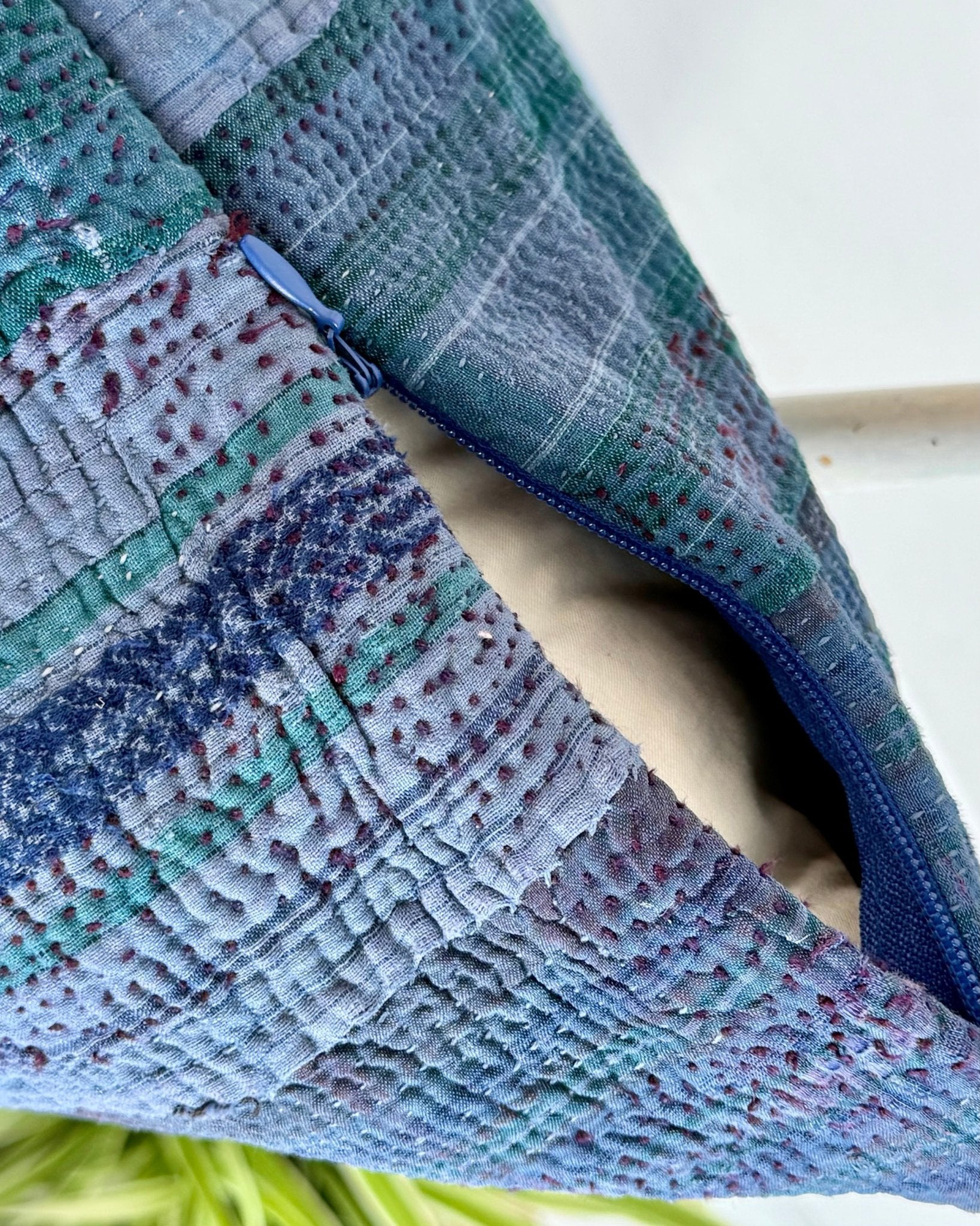 Handmade Vintage Kantha Cushion In Deep Blue - 50cm Square - Biggs & Hill