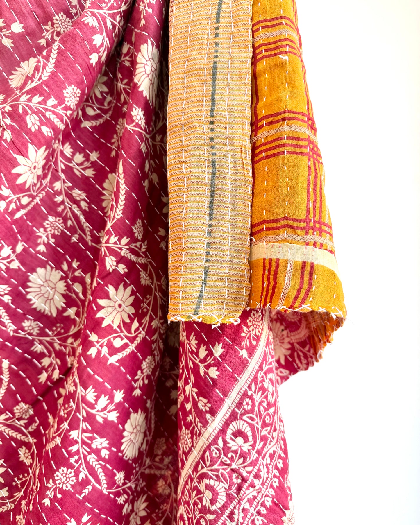 Vintage Cotton Kantha Quilt In Mustard And Red #42