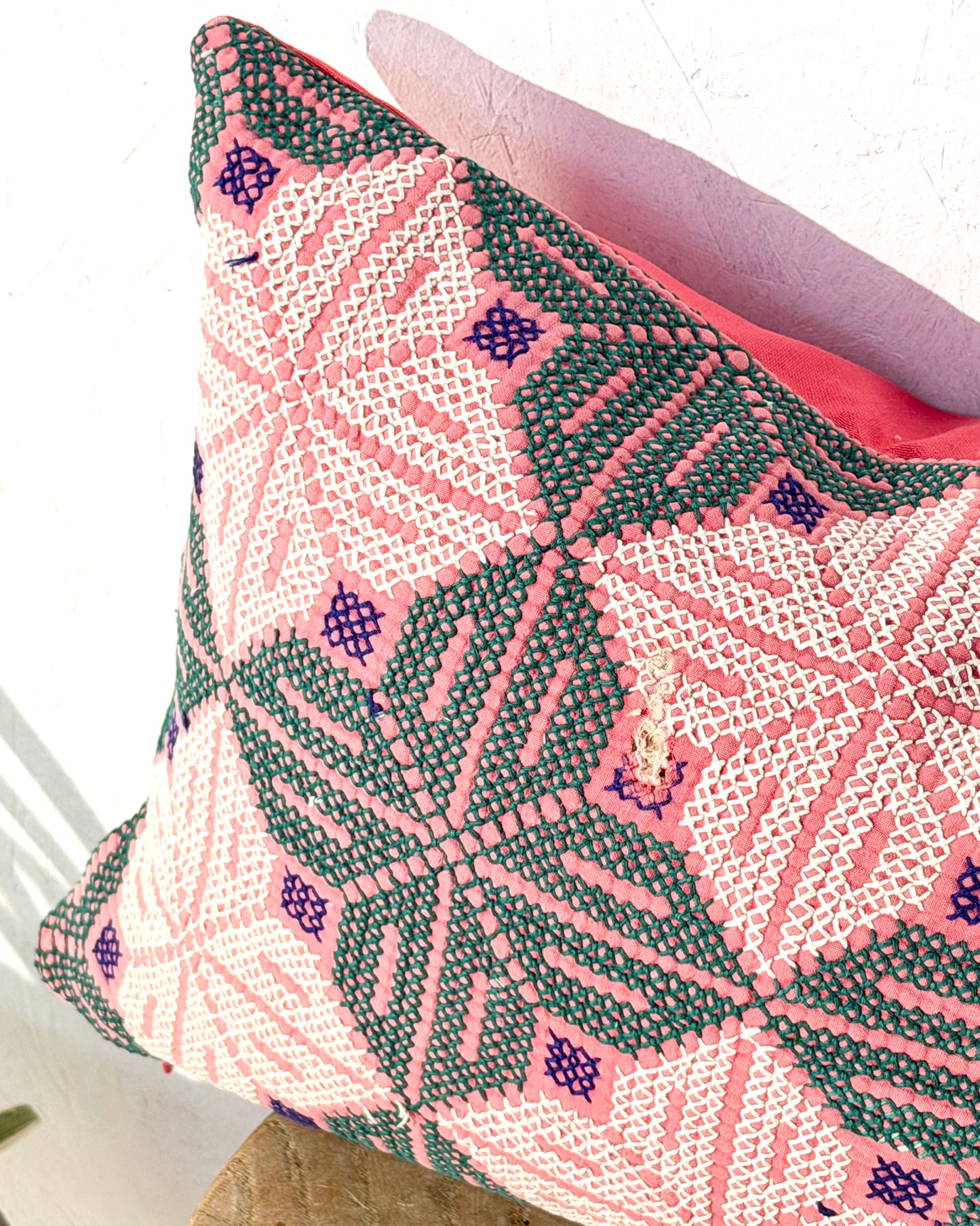 Vintage Galichi Kantha Cushion Cover In Pink - Small Rectangular