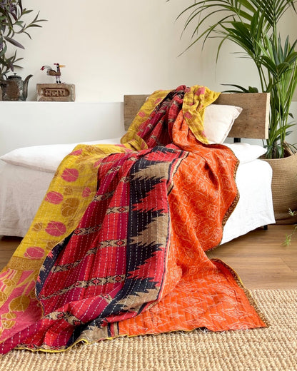 Sari Fabric Kantha Quilt In Yellow, Orange And Pink #32