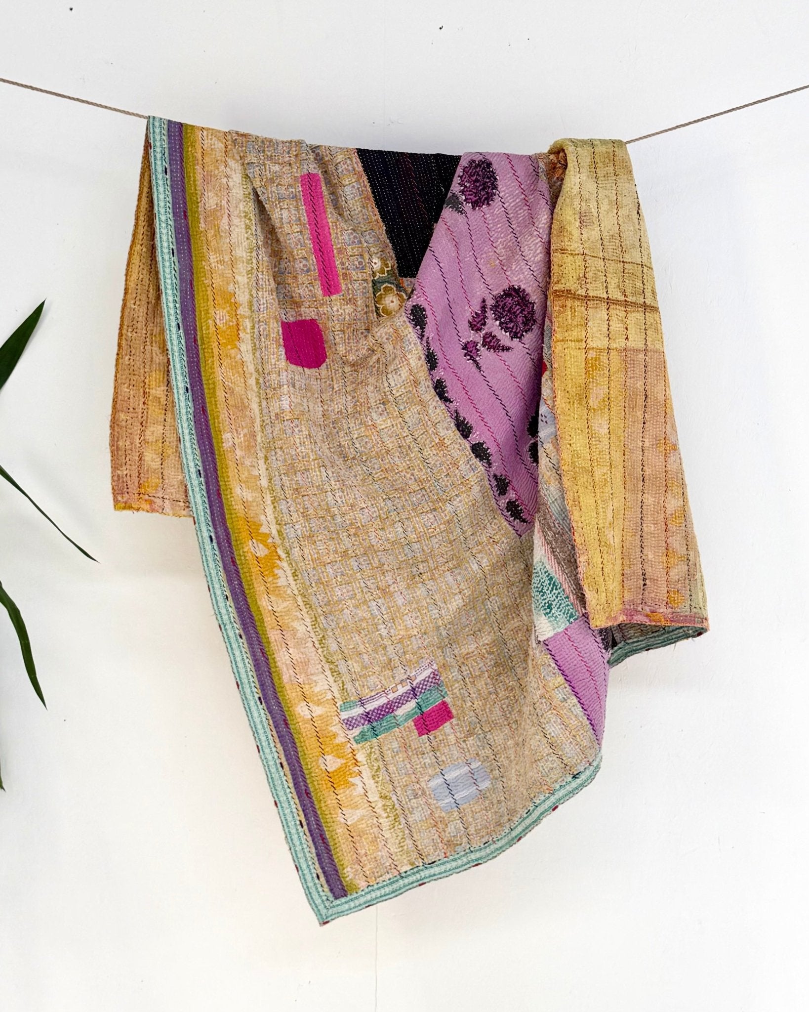 Large Textured Vintage Kantha Quilt In Abstract Pink, Purple and Yellow - Biggs & Hill