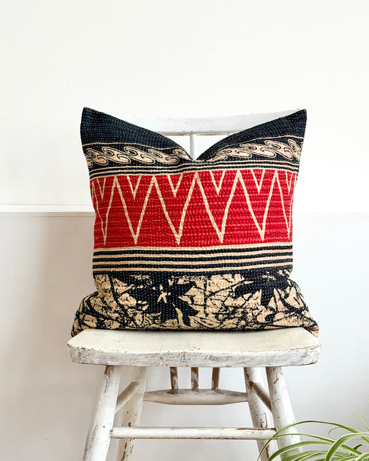 Vintage Kantha Cushion In Black and Red- 45cm Square
