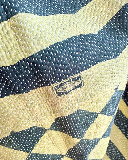 Large Fine Stitched Vintage Kantha Quilt in Diamond Pattern Yellow and Green - Biggs & Hill
