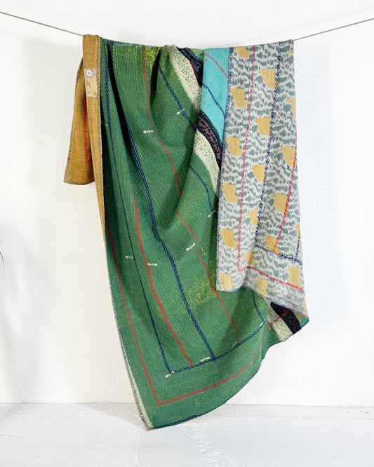 Extra Large Fine Stitched Embroidered Vintage Kantha Quilt in Green, Blue and Terracotta - Biggs & Hill