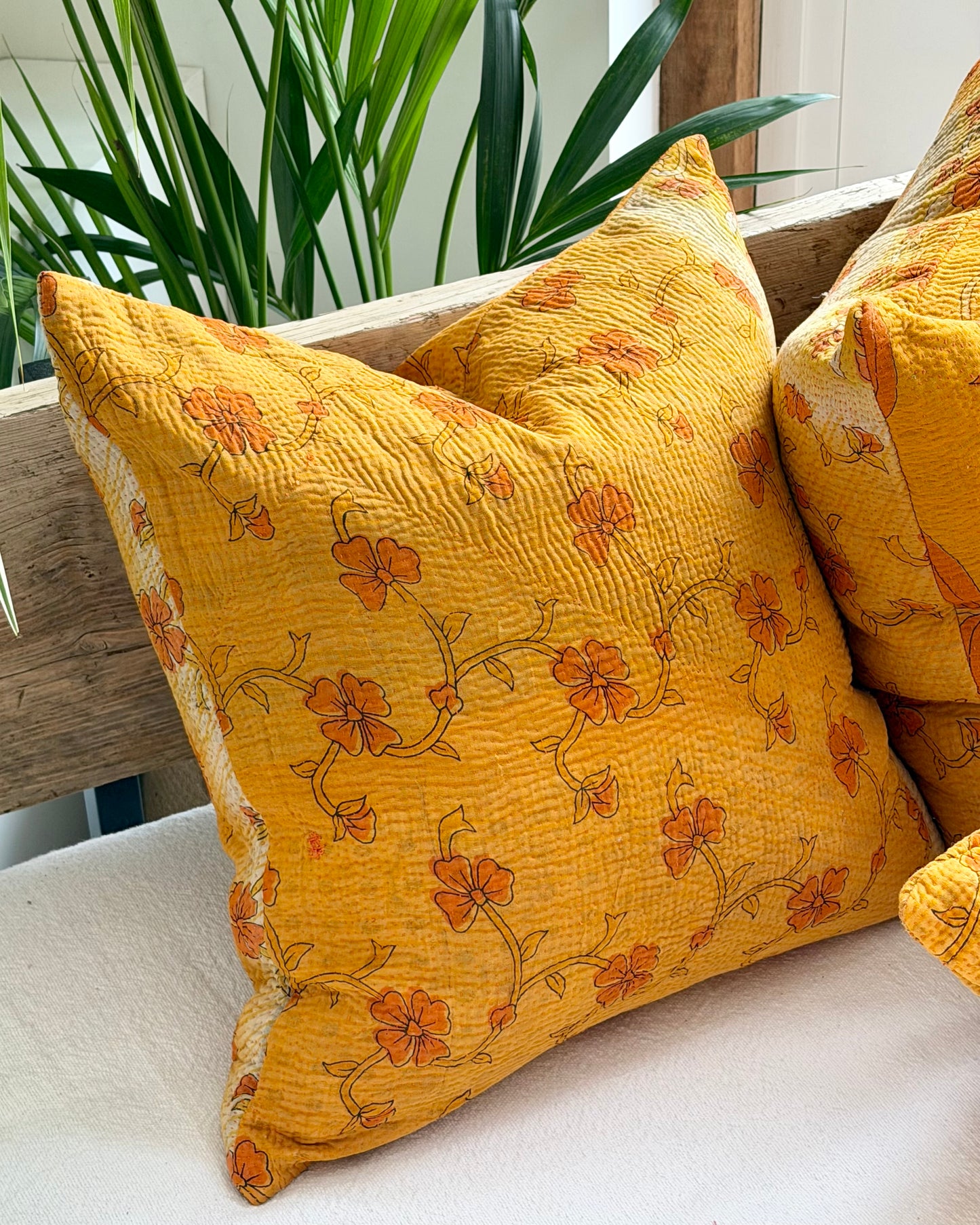 Vintage Kantha Cushion In Yellow Floral - 45cm Square