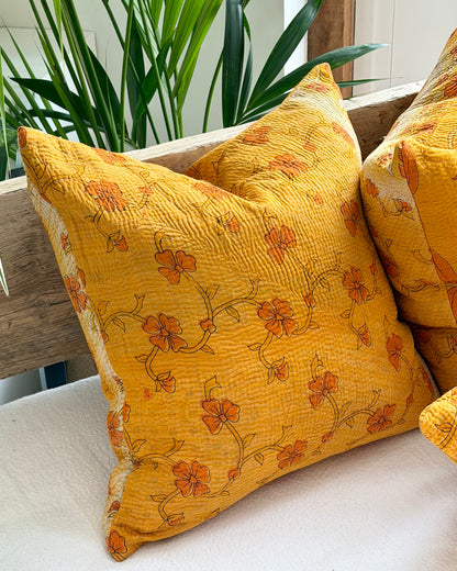 Vintage Kantha Cushion In Yellow Floral - 45cm Square