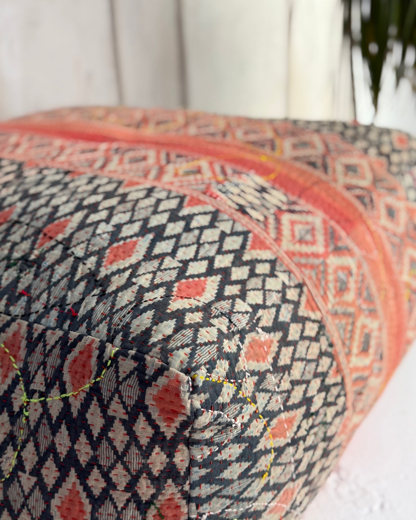 Extra Large Square Kantha Pouf Cushion Cover With Red and Navy Block Print