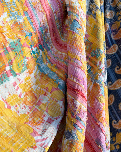 Extra Large Large Fine Stitched Vintage Kantha Quilt in Orange and Navy Blue