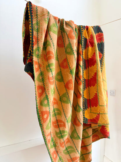 Extra Large Embroidered Vintage Kantha Quilt in Orange and Green
