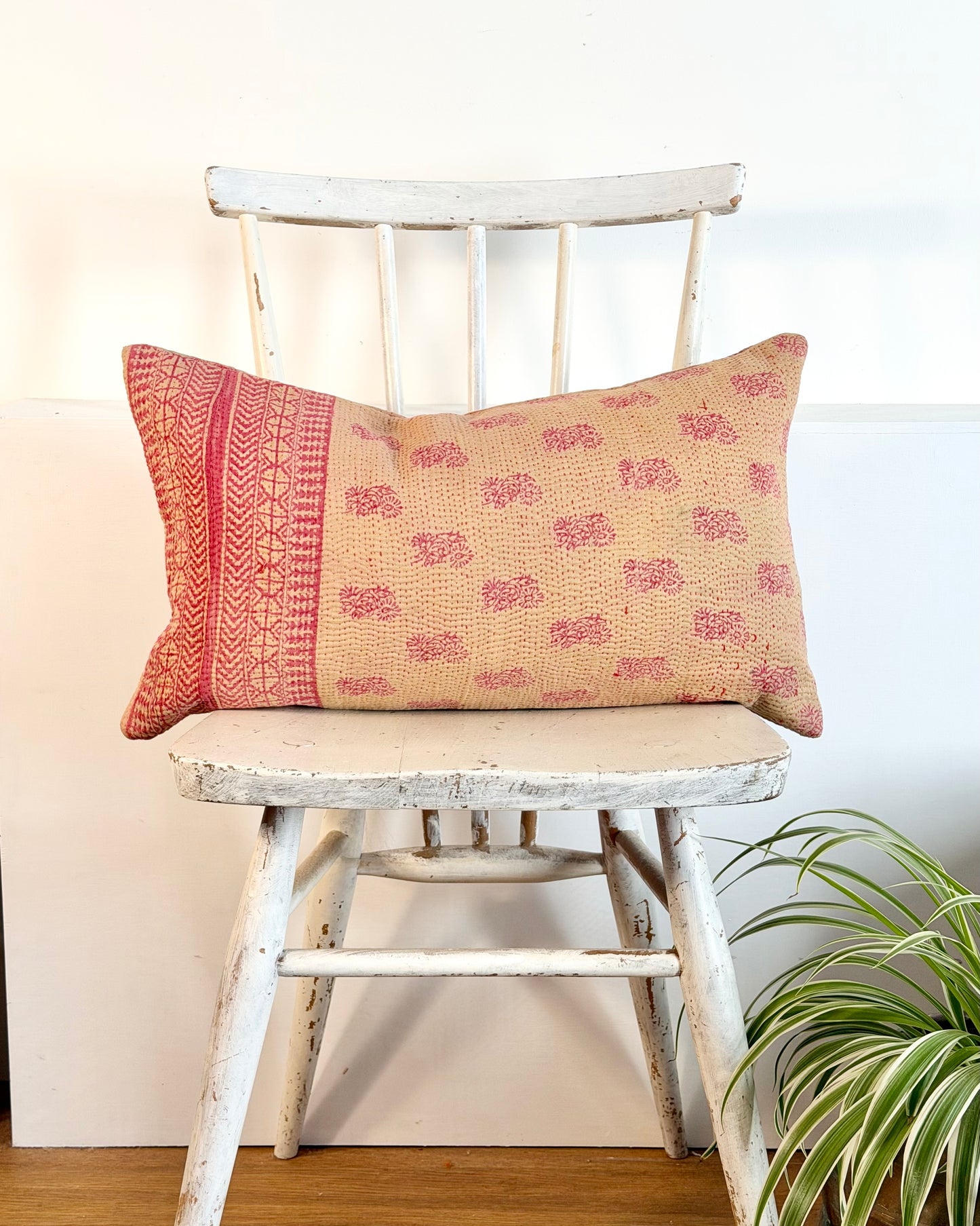 Vintage Kantha Cushion In Pink and Beige - Small Rectangular