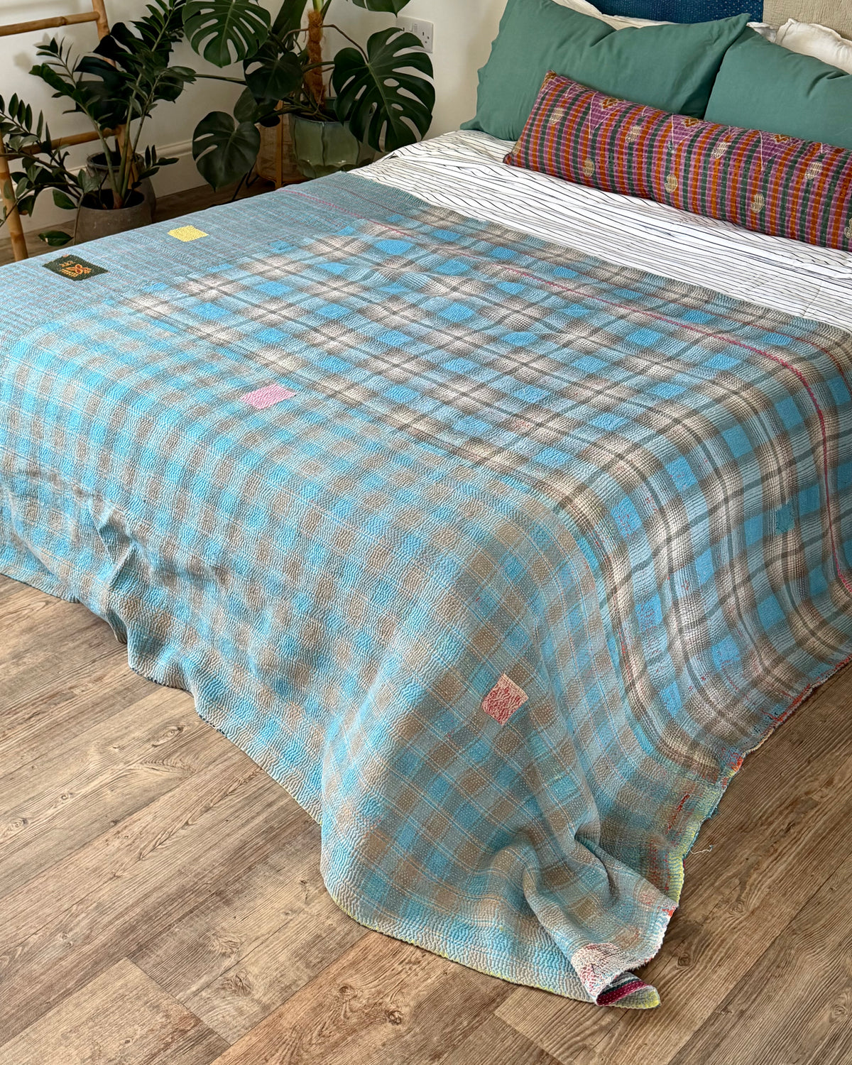 Extra Large Heavy Embroidered Vintage Kantha Quilt in Green and Blue